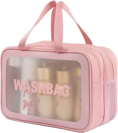 Travel Toiletry Bag for Women, Matte Translucent Toiletry Bag with Handy Handle, Makeup Cosmetic Organizer Bag for Travel Toiletries Accessories (Pink-XL)