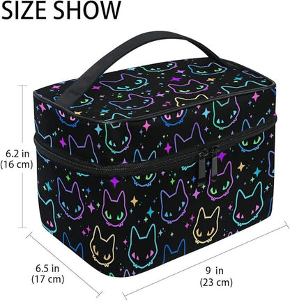 Goth Makeup Bag, Colorful Neon Cat Heads Makeup Organizer Bags Toiletry Bag Box Travel Cosmetic Bag Make Up Train Case for Women Teen Girl Ladies
