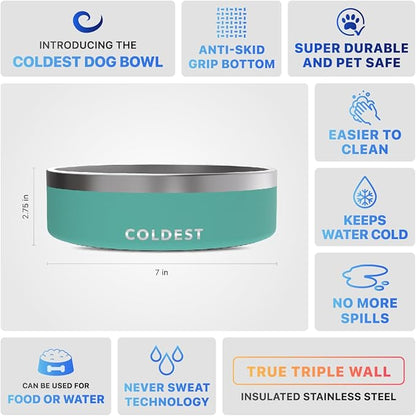Coldest Dog Bowl - Anti Rust Metal, Non Slip, 3 Layers Insulated Stainless Steel Dog Bowls - Spill Proof & Heavy Duty - Water Bowl for Dogs, Cats & Pets, Dish Washer Safe (42 oz, Terraform Green)