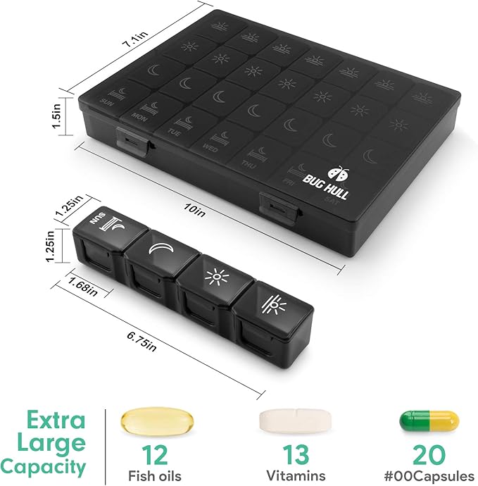 XL Pill Organizer 4 Times a Day,BUG HULL Large Weekly Pill Box for Travelling, Portable Pill Cases 7 Day pill Container Removable Daily Medicine Organizer for Cod-liver oil,Vitamins,Supplements(Black)