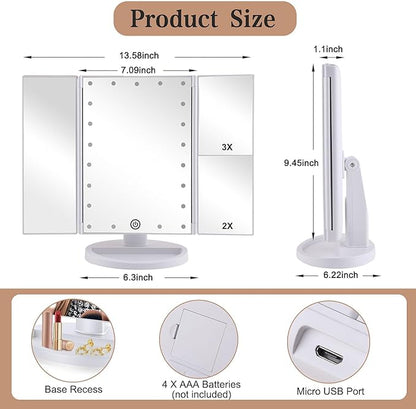 Trifold Makeup Mirror Vanity Mirror with Lights,1X 2X 3X Magnification,Touch Screen,180 Adjustable Rotation,Portable Travel Bathroom Cosmetic Mirror