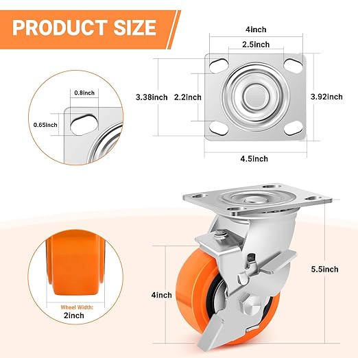 4 Inch Industrial Casters - Heavy Duty Caster Wheels Set of 4, Polyurethane Wheel Capacity up to 2500 lbs, Plate Swivel Caster Use for Workbenches, Platform Truck, Dollies Cart(4 Brake)