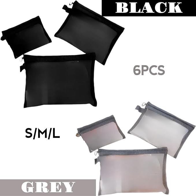 6Pack Mesh Makeup Bags mesh zipper pouch Cotton Blend Travel Organizer Pouches with Zipper Small Storage Bags for Cosmetics and Toiletries Office stationery storage net bag Black and Grey