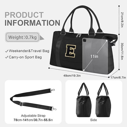 Dance Gym Duffel Bag for Teen Girls, Personalized Initial Travel Weekender Bag,Cute Overnight Carry On Duffle for Women,Sports Travel Cheer Bag,Monogram Christmas Gifts for Tween Preppy(black-E)