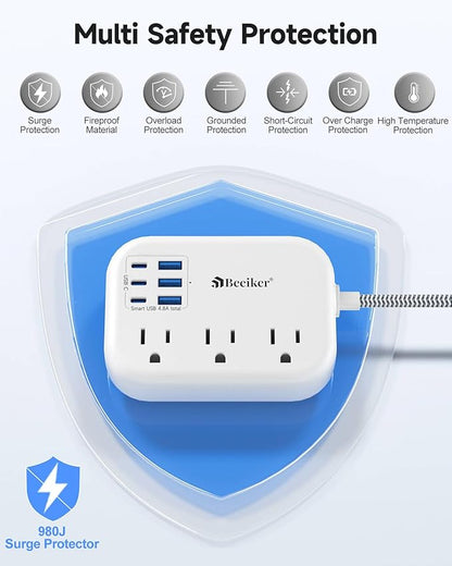 Short Extension Cord 1 Ft- 6 USB(3 USB C) Travel Power Strip with 24W USB Charging Station and 3 Outlets, 1Ft Small Flat Plug Extension Cord Surge Protector for Travel Home College Dorm 1625W