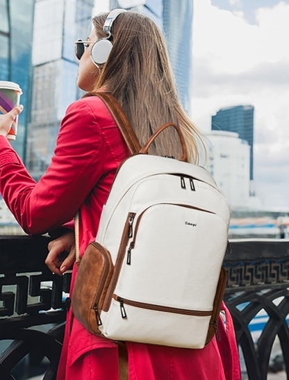 Leather Backpack for Women, Fits 15.6 Inch Laptop, Soft Vegan Leather Backpack for Travel and Daily Use, Beige