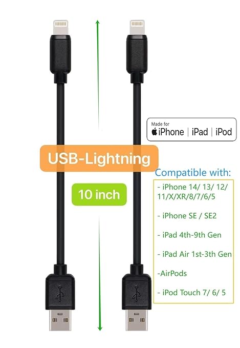 10-Pack Multi Short USB Cables & TypeC-C Cables for Charging Stations Compatible/w iPhone16 &15, iPhone5-14/ iPads/iPad mini/iPad Pros/Samsung Moblies & Tablets/Pixel & Nexus/HTC/Sony(Black)