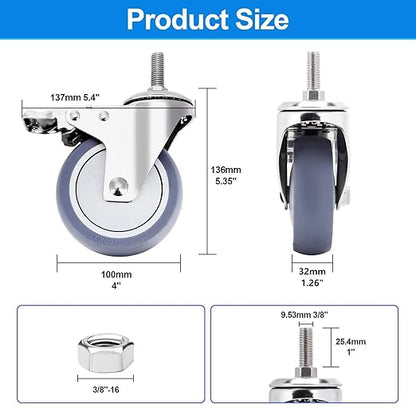 4 inch Stainless Steel Caster Wheels Heavy Duty, 3/8"-16x1 Threaded Stem Casters with Brake, Rust Resistant, Non-Marking Slient TPR Rubber Wheels for Hospital, Lab,Furniture,Restaurant
