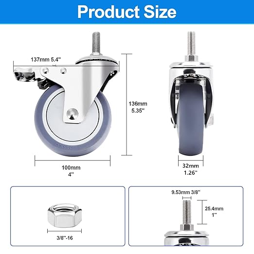 4 inch Stainless Steel Caster Wheels Heavy Duty, 3/8"-16x1 Threaded Stem Casters with Side Brake, Rust Resistant, Non-Marking TPR Rubber Wheels for Hospital, Lab,Furniture,Restaurant