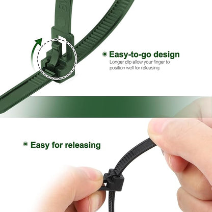 SOOOEC 200 Pack Reusable Zip Ties 12 inch Heavy Duty Outdoor UV Resistant, Releasable Black Zip Ties Indoor Round Ending No Hurt, Cable Ties Reusable Tie Wraps Non Slip Off (Black+ Green)