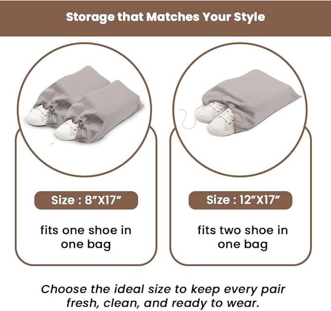 LFH Cotton Rich Shoe Storage Bags with Drawstring, Dustproof Breathable Reusable Organizer, Perfect For Travel, Dorm, Hotel, College, Gym, Easy to Carry, Machine Washable 8"x17" (Pack of 6) - Grey
