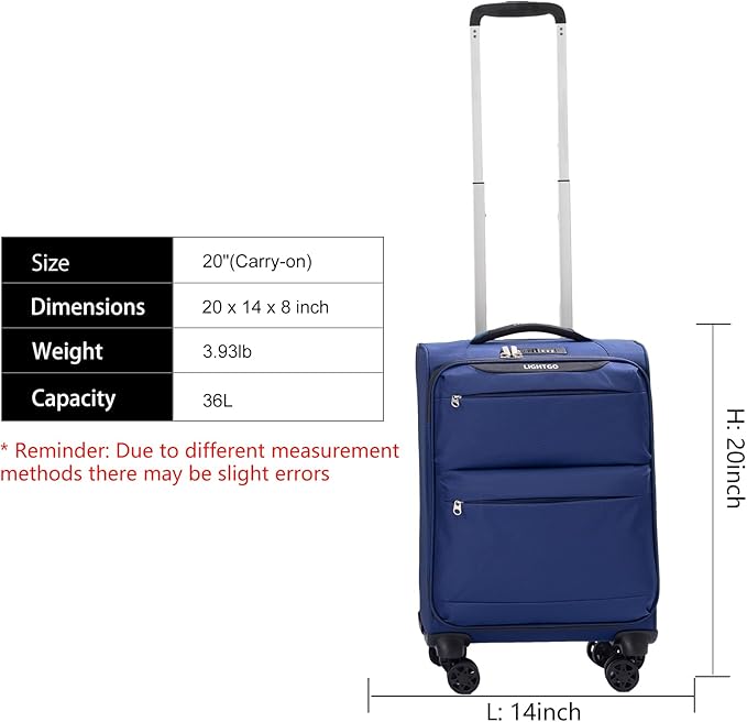 LIGHTGO Lightweight Softside Luggage,20inch Carry on, Water-Resistant, TSA Approved Lock, Spinner Wheel, Navy Blue, 20inch