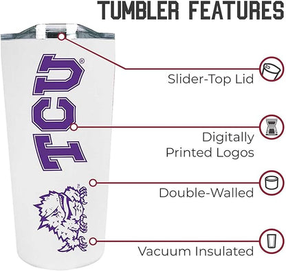 Campus Colors NCAA Stainless Steel Tumbler perfect for Gameday - 18 oz - Double Walled - Keeps Drinks Perfectly Insulated (TCU Horned Frogs - White)