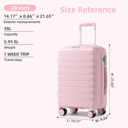 LARVENDER Carry On Luggage 22x14x9 Airline Approved, 20 Inch Hardshell & Lightweight PP Carry On Suitcase for Women with Spinner Wheels TSA Lock, Light Pink