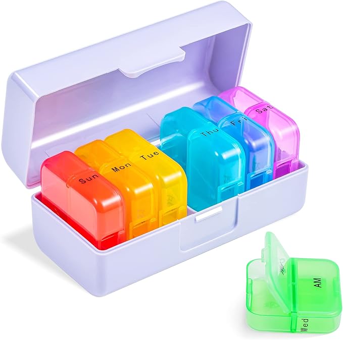 Zoksi Weekly Pill Organizer 2 Times a Day, Purple 7 Day Am Pm Pill Box, Daily Am Pm Pill Organizer 7 Day, Portable Vitamin Pill Case, Weekly Pill Box for Fish Oils, Vitamin, Supplement