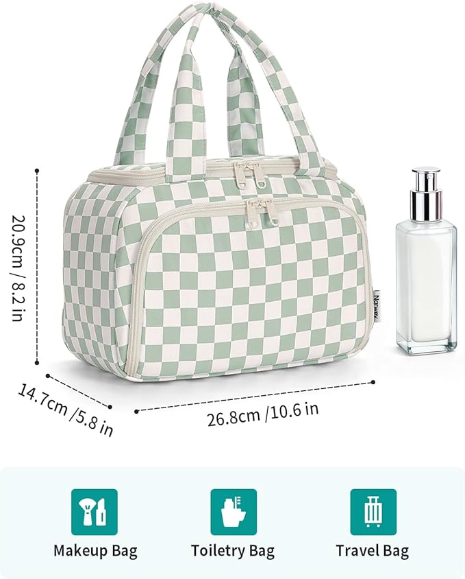 Narwey Large Travel Toiletry Bag, Wide-open Travel Bag for Toiletries, Toiletry Bags for Traveling Women, Cosmetic Make Up Makeup Bag Organizer with Wet Pocket, Skincare Bag (Mint Green Checkerboard)