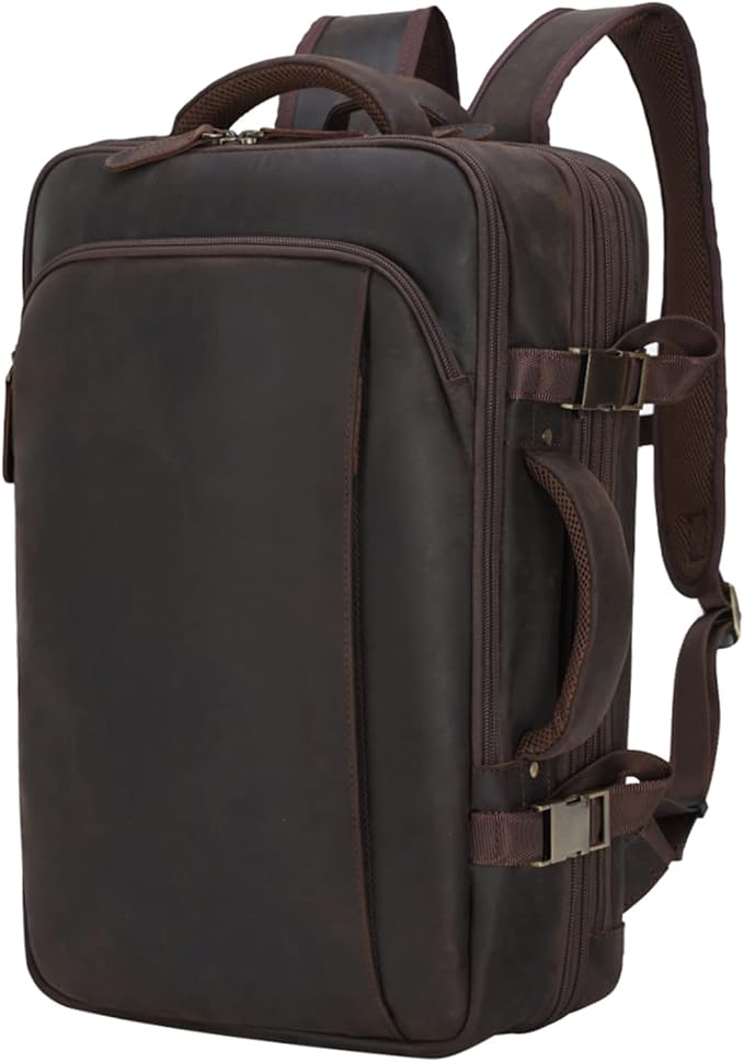Masa Kawa Leather 15.6 Inch Laptop Backpack for Men Expandable 36L Business Travel Rucksack Daypack Weekender Bag