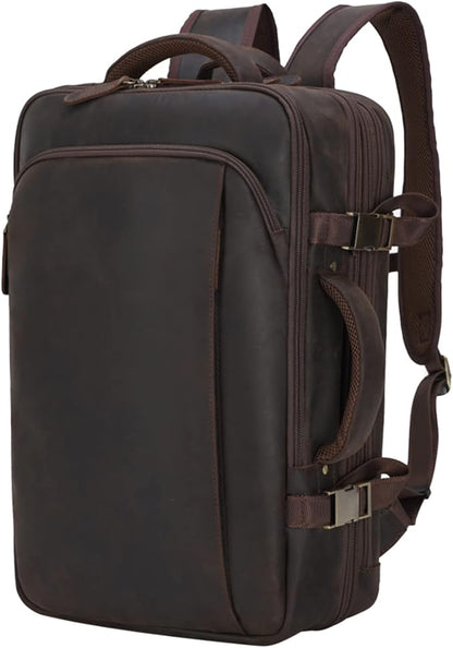 Masa Kawa Leather 15.6 Inch Laptop Backpack for Men Expandable 36L Business Travel Rucksack Daypack Weekender Bag