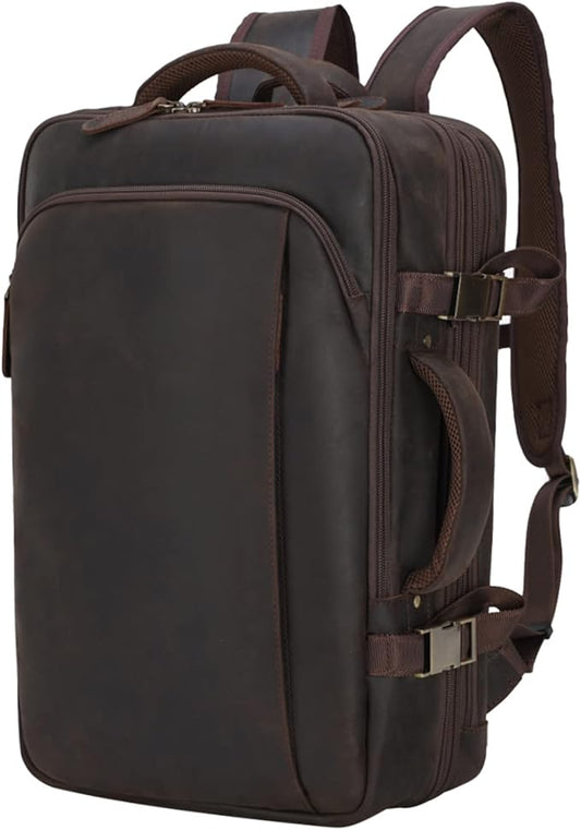 Masa Kawa Leather 15.6 Inch Laptop Backpack for Men Expandable 36L Business Travel Rucksack Daypack Weekender Bag