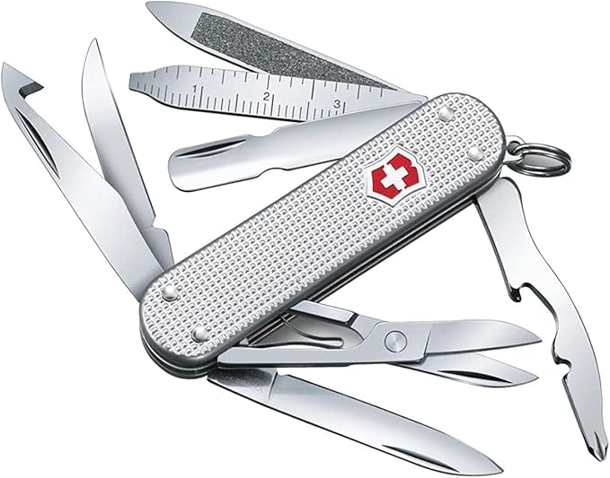 Victorinox Mini Champ Alox Swiss Army Knife, Compact, 15 Functions, Swiss Made Pocket Knife with Orange Peeler, Cuticle Pusher and Blade - Silver