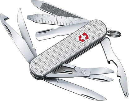 Victorinox Mini Champ Alox Swiss Army Knife, Compact, 15 Functions, Swiss Made Pocket Knife with Orange Peeler, Cuticle Pusher and Blade - Silver