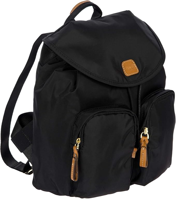 Bric's X-Travel Piccolo City Backpack 10", Water-Resistant Satin Nylon Daypack with Leather Details, Drawstring Closure, Adjustable Straps and Multi-Pocket Organization - Black