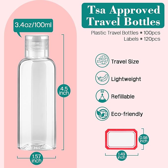 10 Pack Empty 3.4 oz Travel Bottles Tsa Approved Leakproof Plastic Squeezable Small Bottles for Toiletries Liquids Travel Essentials with Black Flip Cap