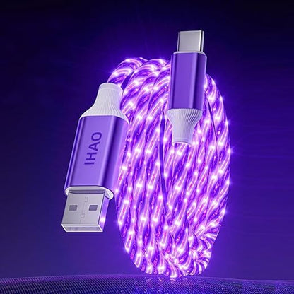 IHAO USB A to C Charger Cable PD Fast Charge and High Speed Sync Visible Starry LED Current Flowing Compatible with All USBC Device-Starry Purple A to C 39Inches