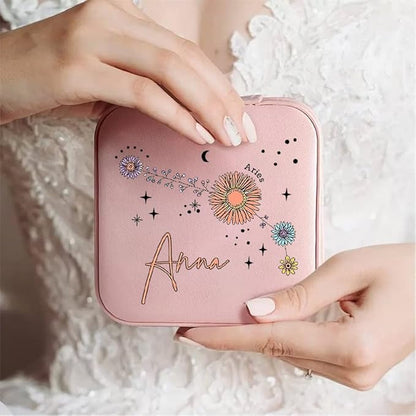 NICEDREAM Personalized Floral Constellation Jewelry Box Custom Name 12 Constellations Travel Jewelry Case Organizer Box for Earrings Rings Necklaces Gift for Women Girls
