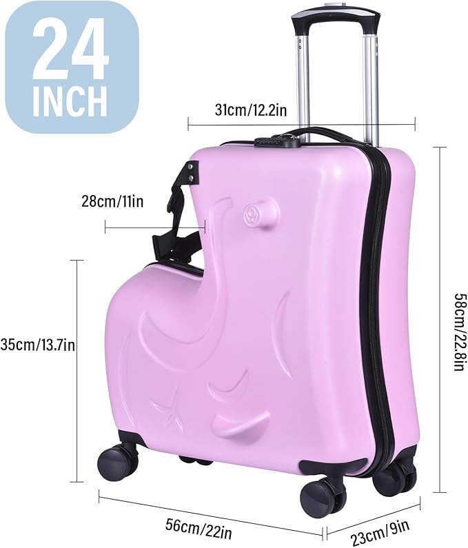 24 Inch Ride On Kids Suitcase with Wheels, Ride on Luggage with Pedal, Hardshell Kids Suitcase Adjustable Safe Harness, ABS+PC, Up To 100 Lbs, Pink