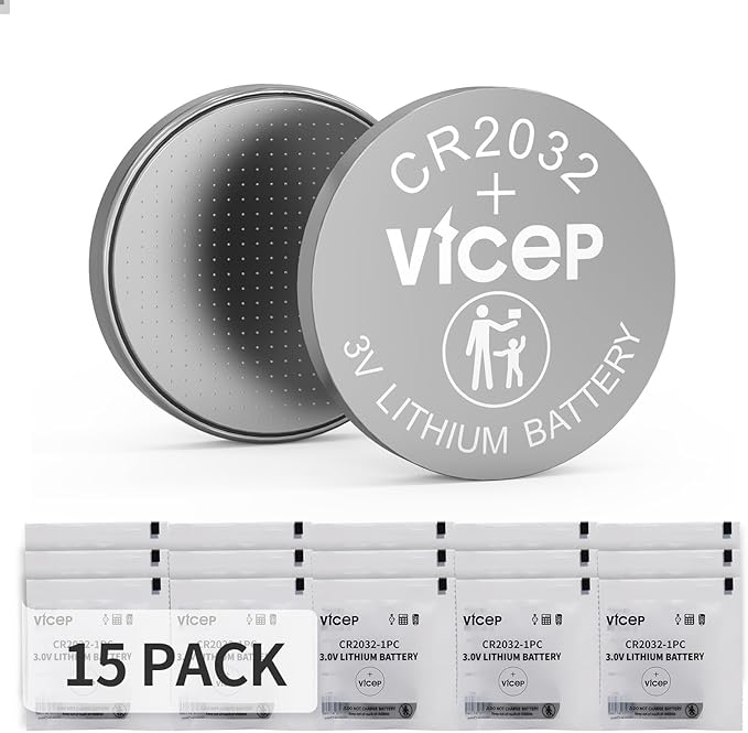 15-Pack CR2032 Lithium Battery 3V Coin Cell Compatible with Car Key Fob, Watches, Calculators, Led Lights & More, Individual Wrapped