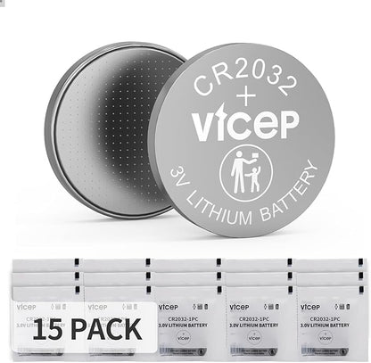 15-Pack CR2032 Lithium Battery 3V Coin Cell Compatible with Car Key Fob, Watches, Calculators, Led Lights & More, Individual Wrapped