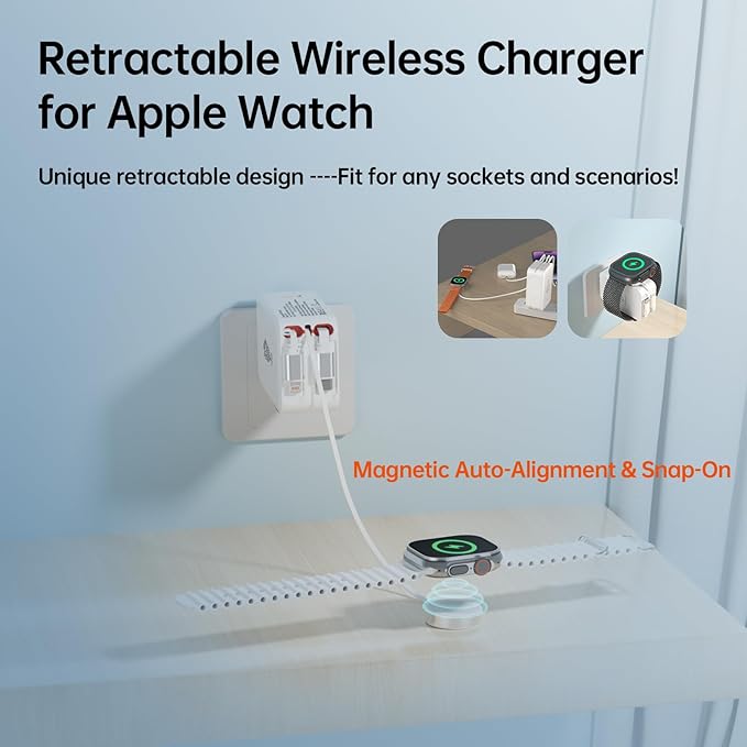 Retractable Apple Watch Charger, 5 in 1 Travel Charging Station for Apple Devices, Retractable Chargers for Multiple Devices with Multi Charging Cable, Charger Block for Apple Gear (White)