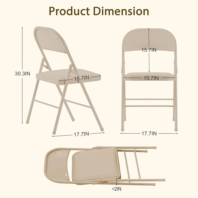 Khaki Folding Chairs 20 Pack with Padded Cushion and Back, Portable Duty Metal Frame Commercial Seat, Foldable Indoor Outdoor Chairs for Office Party Events Kitchen Dinning Wedding, 330-LBS Capacity