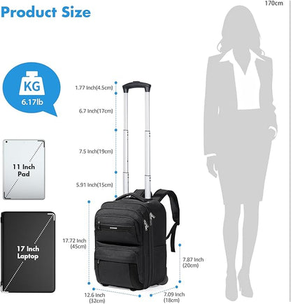 Rolling Backpack, 17.7inch Rolling Backpack With Wheels for Adults, Roller Carry On Luggage Wheeled Backpack, Rolling Laptop Backpack for Men Women to Travel Business, Black
