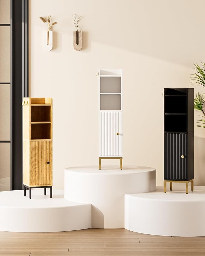 Bathroom Storage Cabinet, Small Corner Floor Hutch with Door and Shelves, Narrow Toilet Paper Cabinet, Bathroom Organizer with Adjustable Shelf, for Toile、Small Spaces