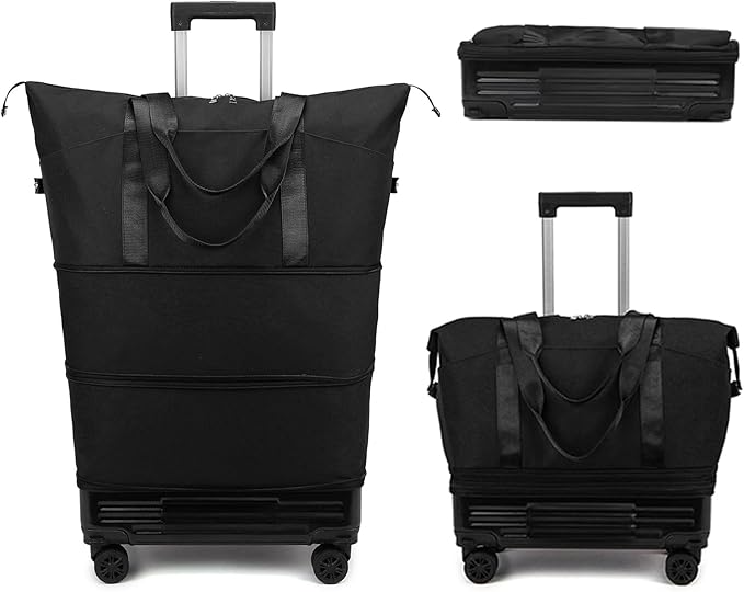 DOJUNS Rolling Duffle Bag with Detachable Wheels, 2025 Upgrade Expandable Foldable Suitcase for Travel, Collapsible Luggage Carry on Duffel Overnight Weekend Bag (Black)