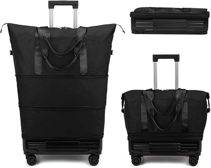 DOJUNS Rolling Duffle Bag with Detachable Wheels, 2025 Upgrade Expandable Foldable Suitcase for Travel, Collapsible Luggage Carry on Duffel Overnight Weekend Bag (Black)