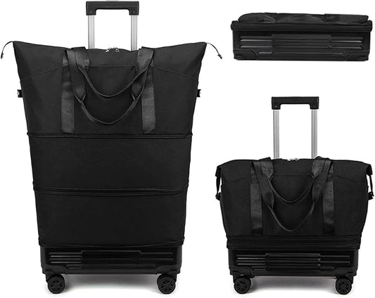 DOJUNS Rolling Duffle Bag with Detachable Wheels, 2025 Upgrade Expandable Foldable Suitcase for Travel, Collapsible Luggage Carry on Duffel Overnight Weekend Bag (Black)