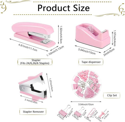 Office Supplies,Desk Accessories, Stapler and Tape Dispenser Set for Women with Stapler, Tape Dispenser, Staple Remover, Staples, Clips, Scissor and Tabs,Gift for Students, Coworkers