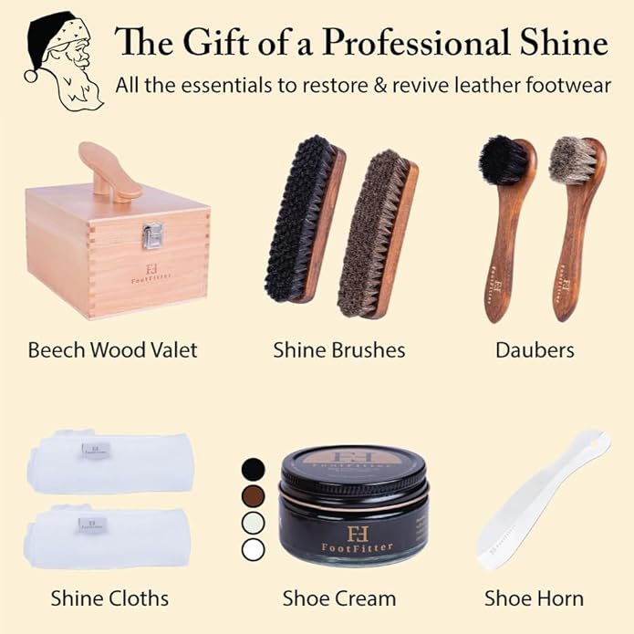 FootFitter Beech Wood Valet Box, Premium Shoe Shine Organizer with Classic Storage for Polish, Brushes, Cloths & Tools
