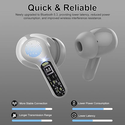 Wireless Earbuds, Bluetooth 5.4 Headphones HiFi Stereo, Bluetooth Earbuds with ENC Noise Cancelling Mic, IP7 Waterproof in Ear Earphones, 48H, LED Display Ear buds for Pad Phones Workout Sports, Grey