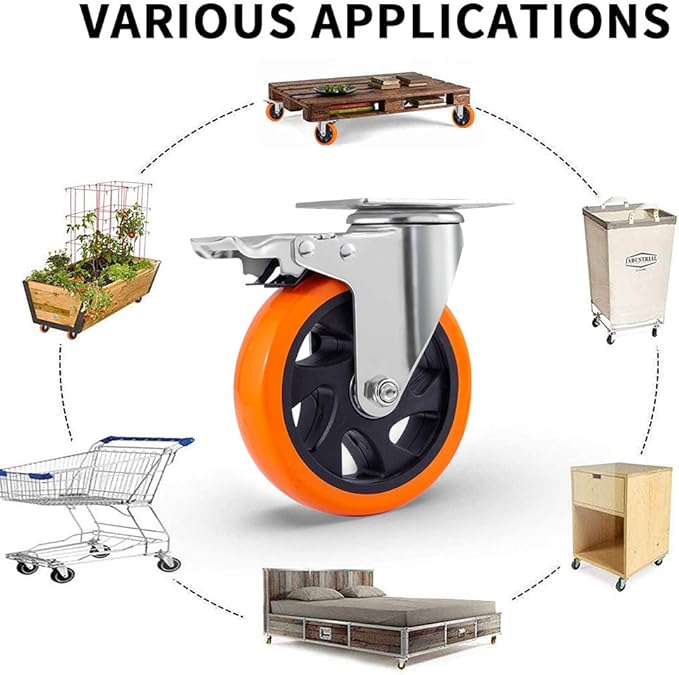 D&L 5 Inch Swivel Casters Wheels 1500lbs Heavy Duty Castors with Brake Polyurethane Dual Locking Casters Set of 4 Orange DL-I5-001