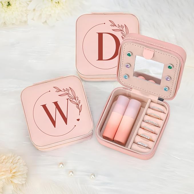 SANDJEST Personalized Jewelry Box, Pink Small Travel Jewelry Box with Initial W, Monogrammed Jewelry Case Organizer for Girls Women Teen, Mini Travel Essentials Gifts for Christmas Birthday