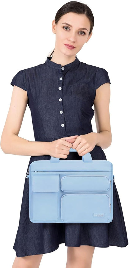 MOSISO Laptop Shoulder Bag 13.3 inch, 13-14 inch Computer Bag Compatible with MacBook Air/Pro 13 / Pro 14, HP Dell ASUS Lenovo with 2 Raised&1 Flapover&1 Horizontal Pocket&Handle&Belt, Airy Blue