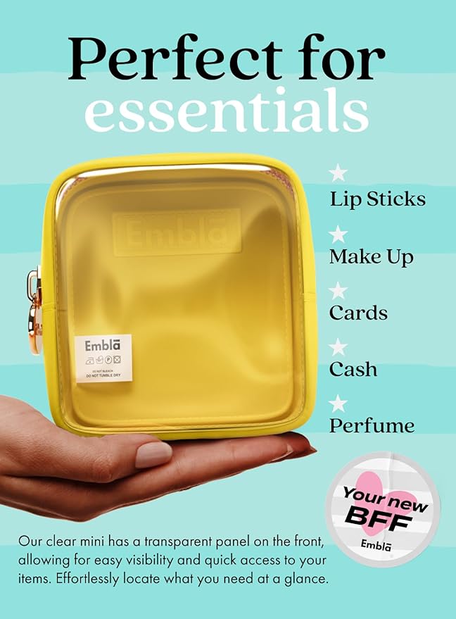 Embla London Makeup Bag Cosmetic Case, Clear Zipper Make Up Pouch and Toiletry Travel Tote, Cute Skincare Pouches for Women Girls, Preppy Purse Cosmetic Organizer, Mini Makeup Bags, Lemon