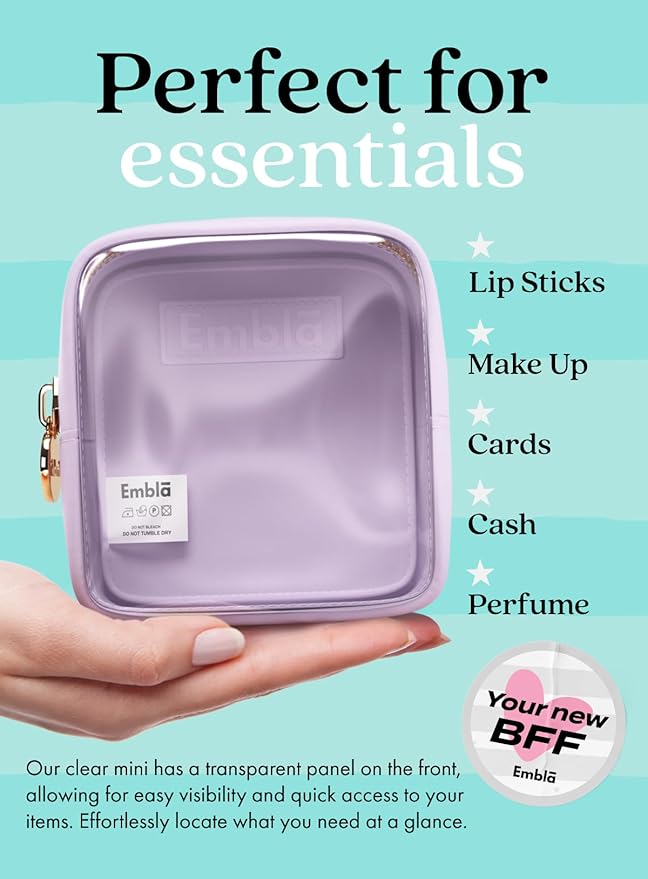 Embla London Makeup Bag Cosmetic Case, Clear Zipper Make Up Pouch and Toiletry Travel Tote, Cute Skincare Pouches for Women Girls, Preppy Purse Cosmetic Organizer, Mini Makeup Bags, Lilac