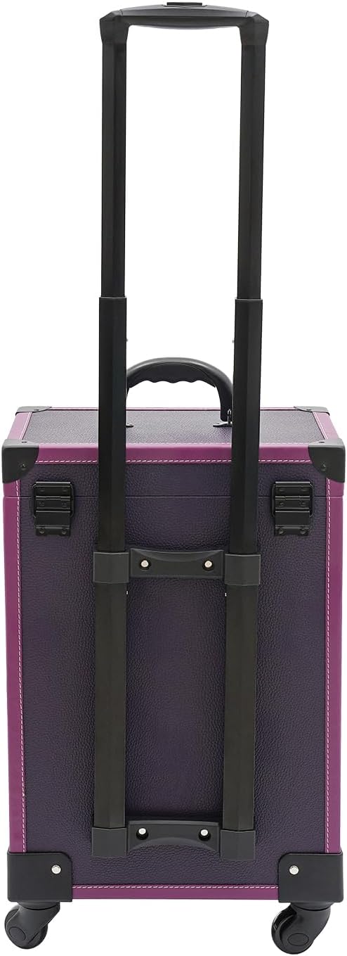 Rolling Makeup Case w/ 4 Keys, 3-tier Lockable Makeup Train Case w/ Drawers, Detachable Nail Polish Organizer, Wheeled Travel Cosmetic Case w/ 3-gear Telescopic Rod, 14.1*9*22.4in, Black Latch+Purple
