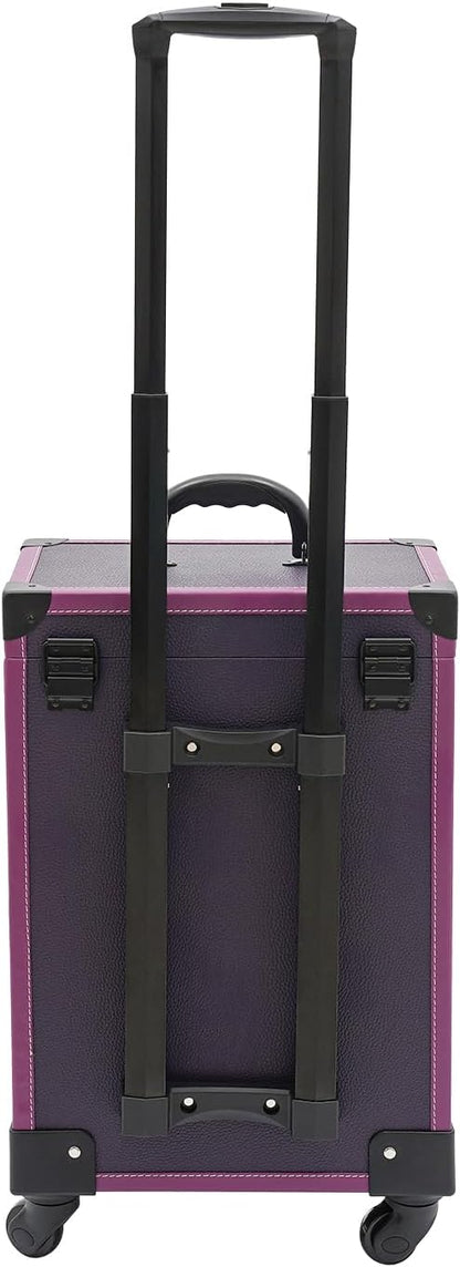 Rolling Makeup Case w/ 4 Keys, 3-tier Lockable Makeup Train Case w/ Drawers, Detachable Nail Polish Organizer, Wheeled Travel Cosmetic Case w/ 3-gear Telescopic Rod, 14.1*9*22.4in, Black Latch+Purple
