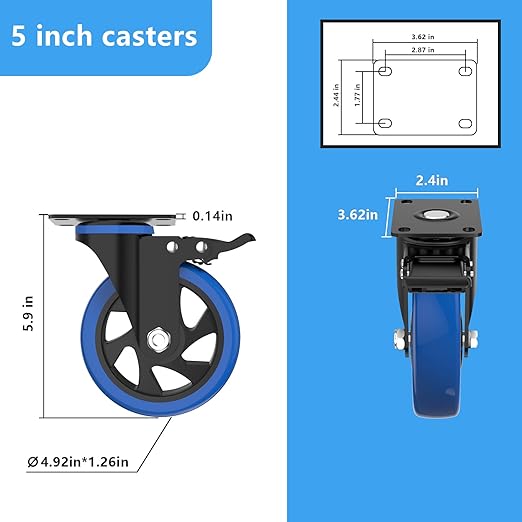 5'' Caster Wheels with Brake, Heavy Duty Casters Set of 4, Swivel Top Plate Casters with Double Ball Bearings, Industrial Locking Castor Wheels for Furniture, Workbench, Cabinet